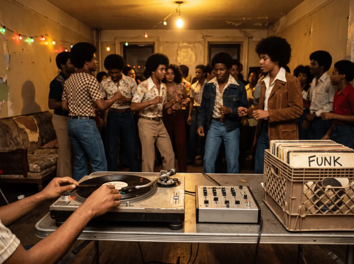 Party in einem Gemeinschaftsraum in der Bronx 1973, DJ an zwei Plattenspielern