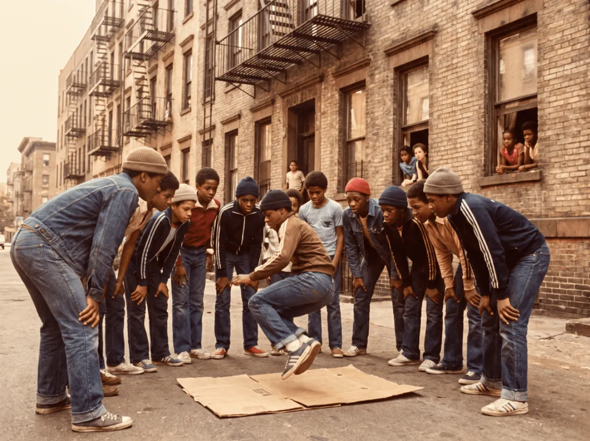 B-Boy auf Pappe, umringt von Zuschauern, South Bronx in den 70ern