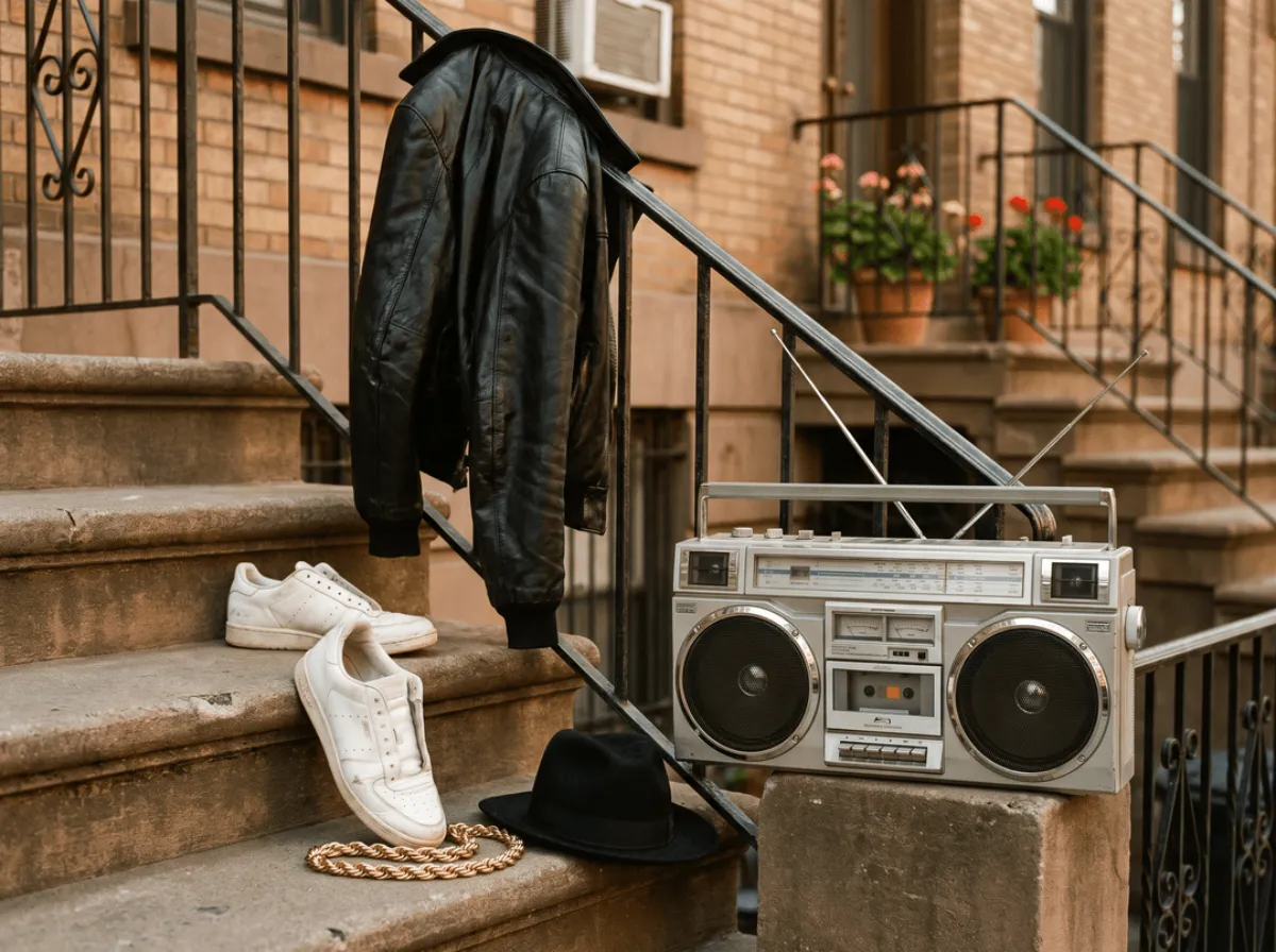 Lederjacke, weiße Sneaker ohne Schnürsenkel und Goldkette auf einer Treppe, 1986