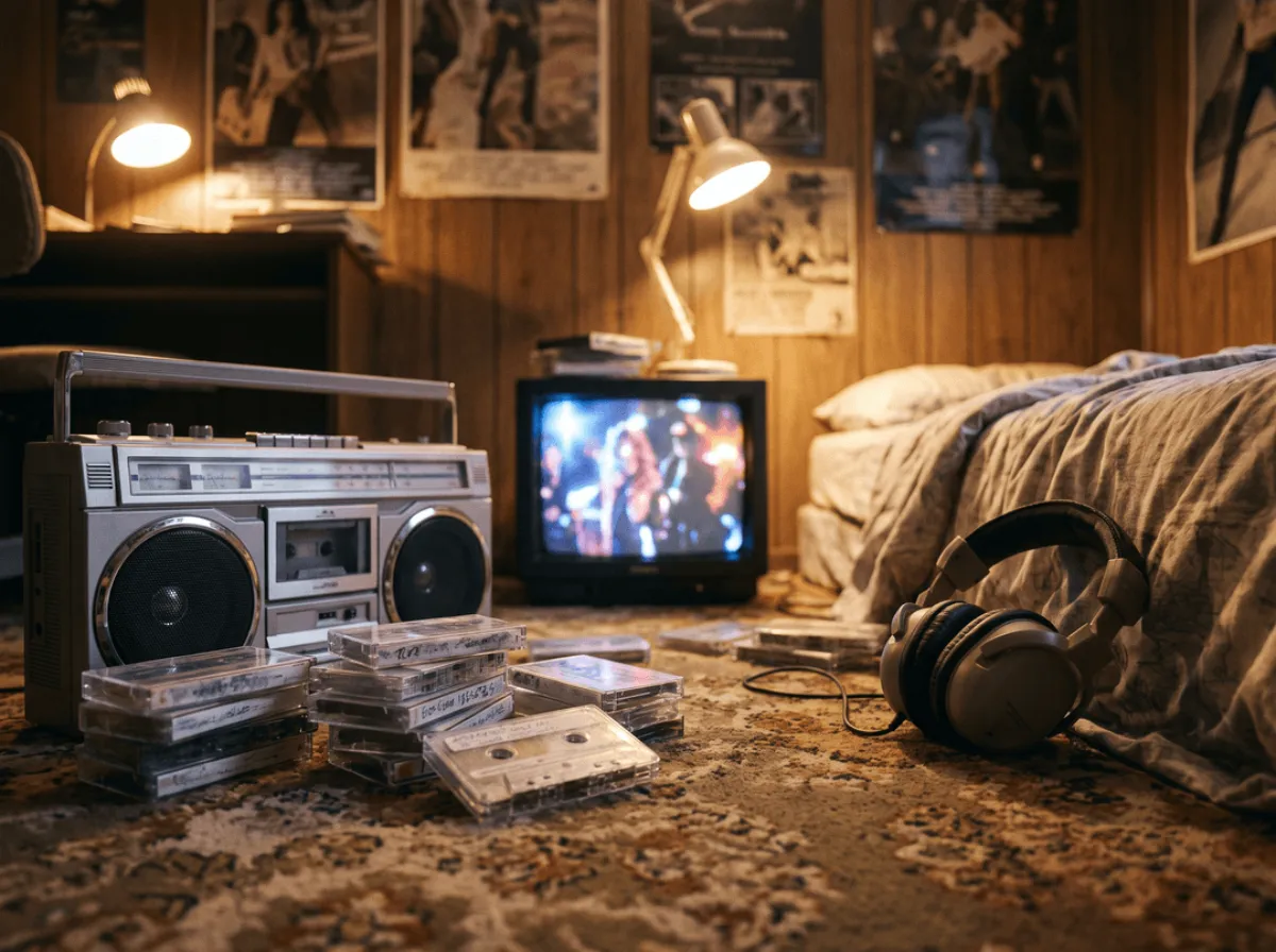 Ghettoblaster und Mixtapes in einem Jugendzimmer, 1988