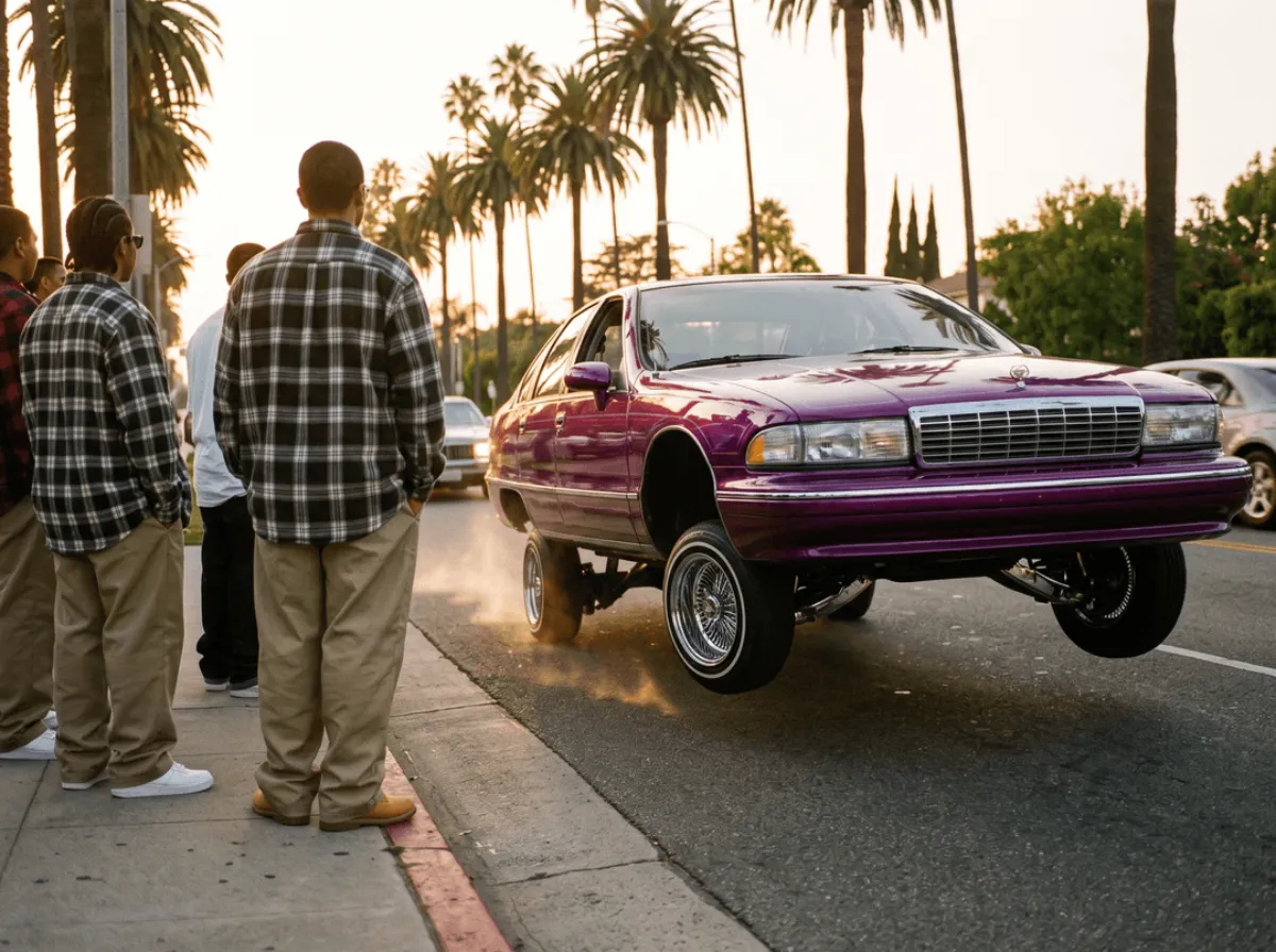 Lowrider mit Hydraulik auf einem Palmen-Boulevard, 1992