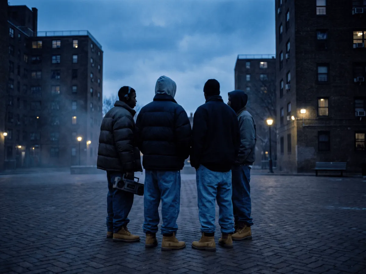 Crew in Baggy Jeans und Boots im Hof einer Siedlung, 1994