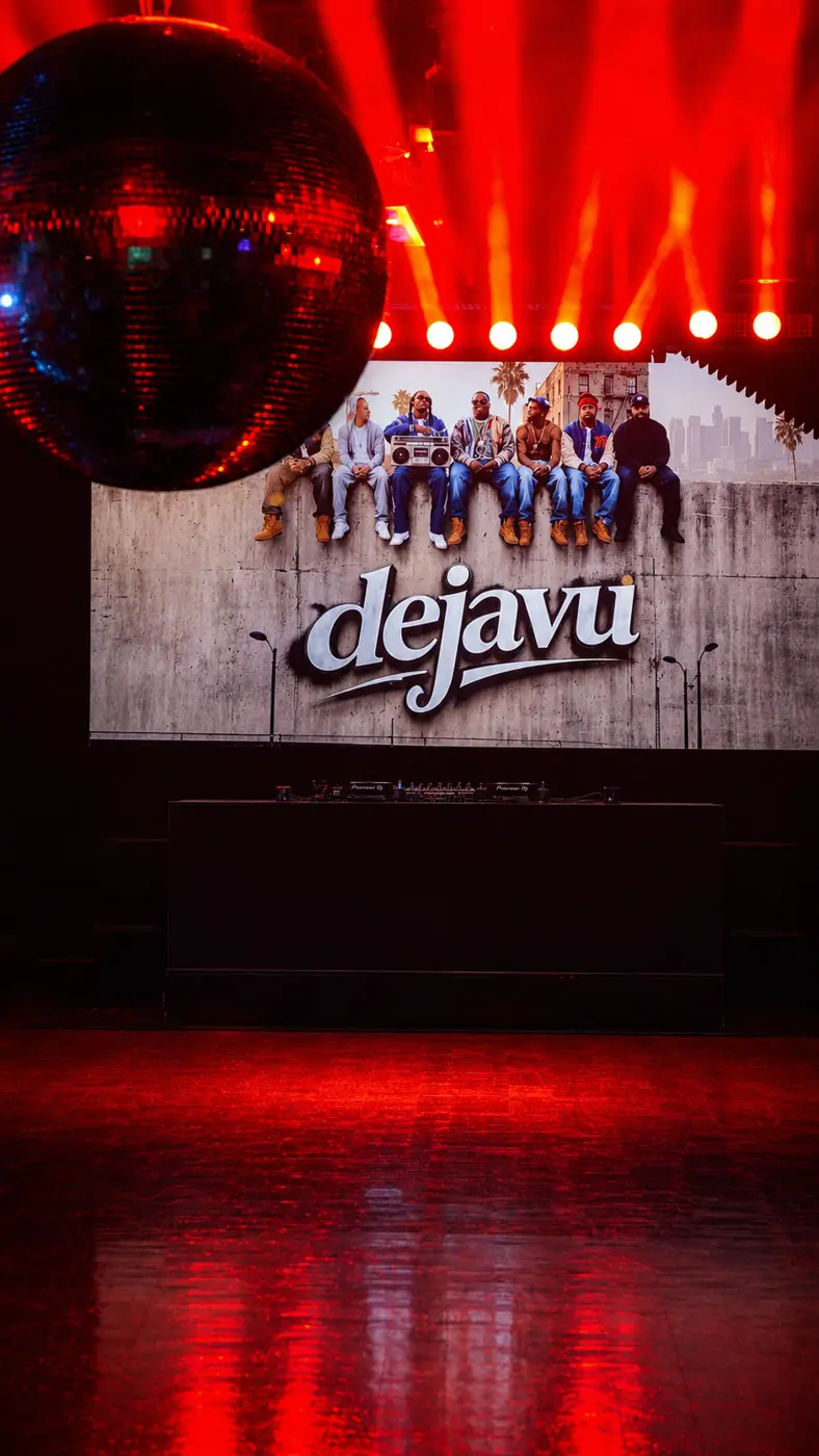 Leere Tanzfläche mit Discokugel, rotem Licht und dejavu-Screen über dem DJ-Pult