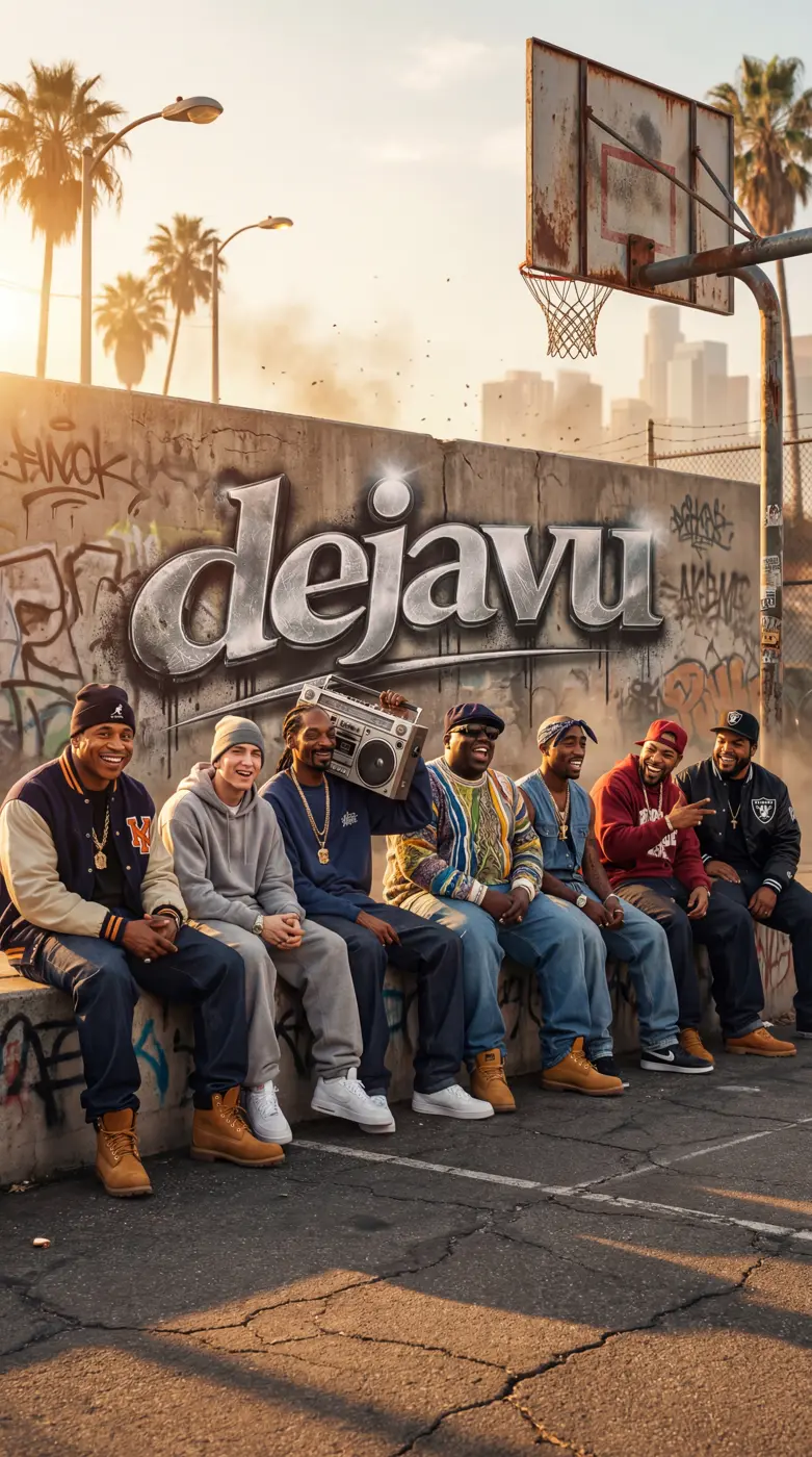 dejavu Artwork: eine Crew im 90er-Look sitzt mit Ghettoblaster vor einer Wand mit dem dejavu-Schriftzug
