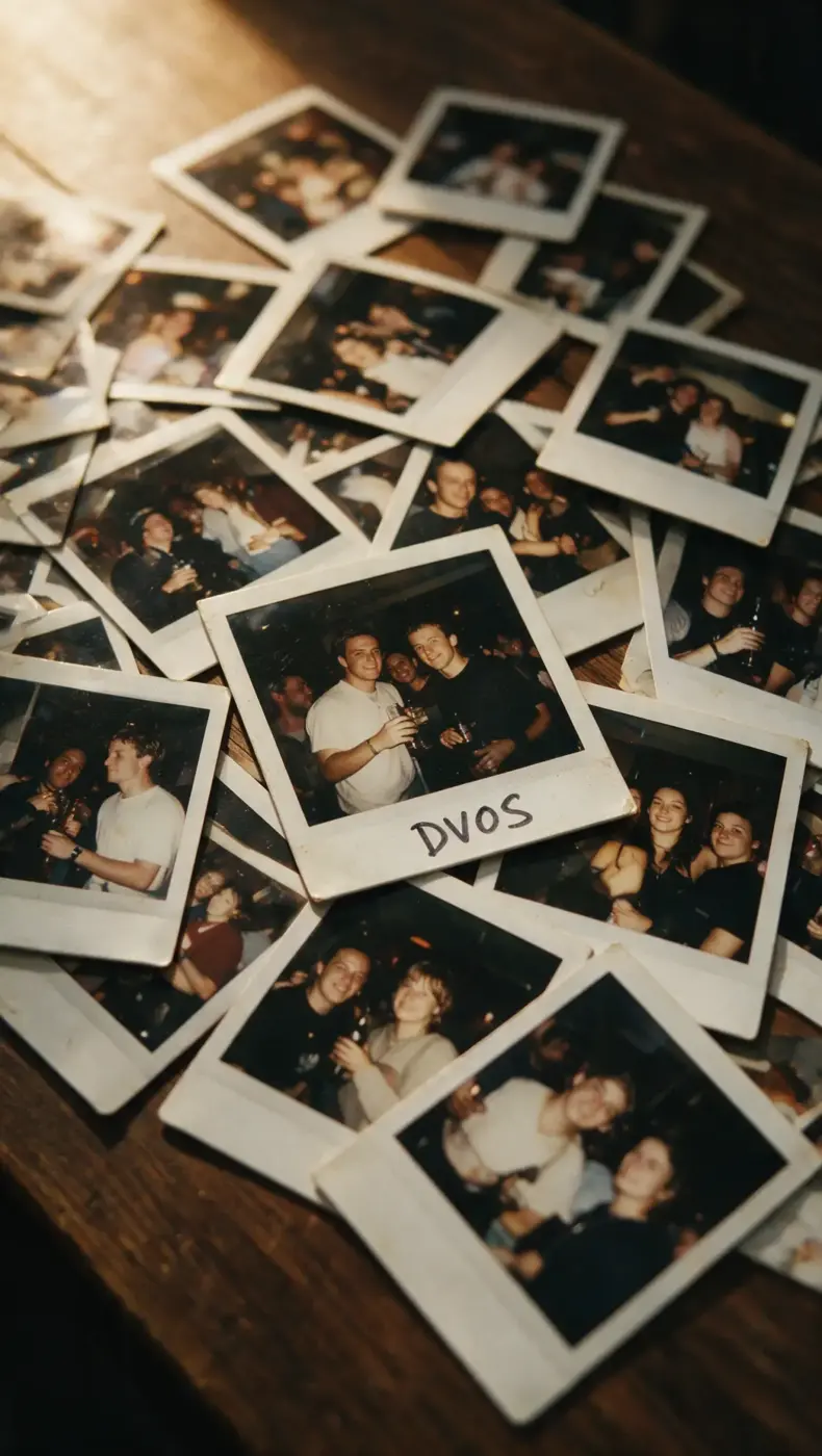 Polaroids von Partyfotos auf einem Holztisch, eines mit DVOS beschriftet