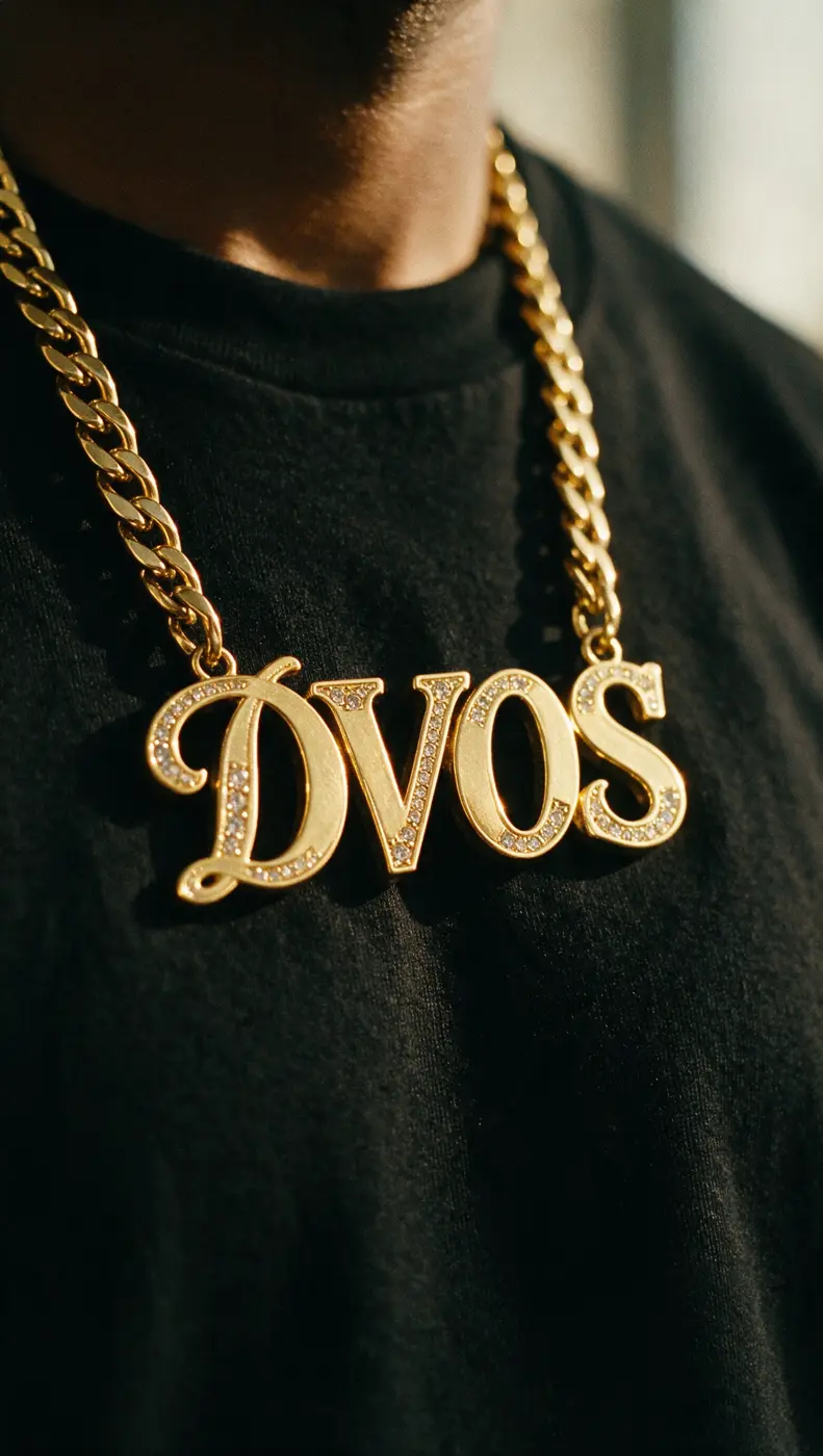 Goldene DVOS-Namenskette auf schwarzem Shirt